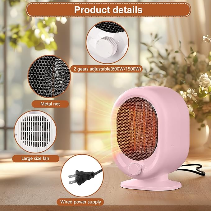 Mini Space Heater,1500W Small Desk Heater,2 Gears Adjustable,PTC Ceramic Heating,Tip-over & Overheat Protection,Fast Heating and Super Quiet Pink