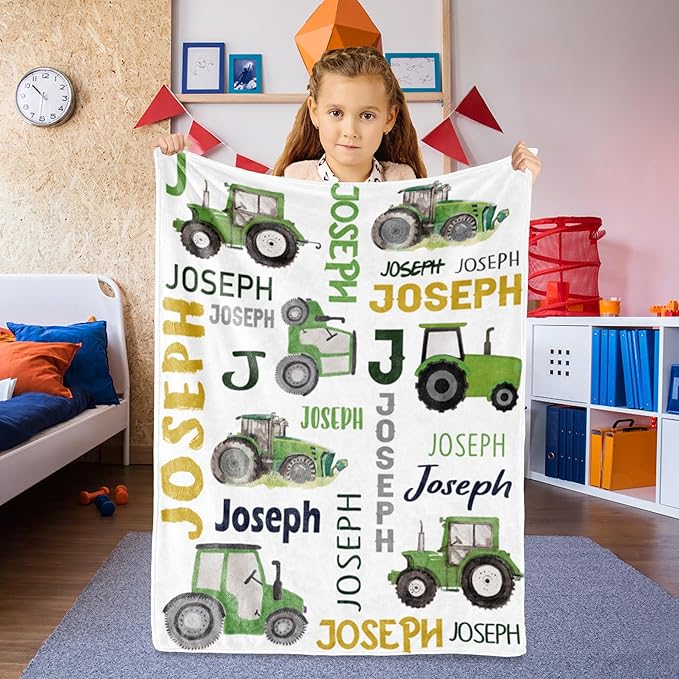 Custom Tractor Blanket with Name for Boys Girls Kids, Personalized Name Blanket Trucks, Soft Flannel Blankets Customized Gift for Children Day Birthday Christmas-40 x50