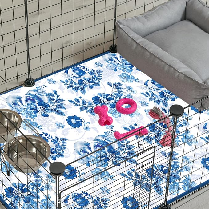 JarThenaAMCS 3 Packs Guinea Pig Pee Pads 24" x 47" Reusable Guinea Pig Pee Mat Watercolor Blue Flower Washable Small Animal Cage Liner for Rabbit Hamster Chinchilla Ferret Rat
