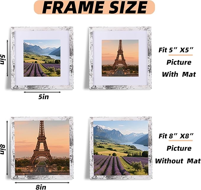 6 Pcs 8x8 Rustic White Wood Picture Frame - Display Pictures 5x5 with Mat or 8 x 8 without - Distressed White Wooden Photo Frames for Wall Mounting or Table 8 8 Matted to 5x5 Farmhouse Set of 6