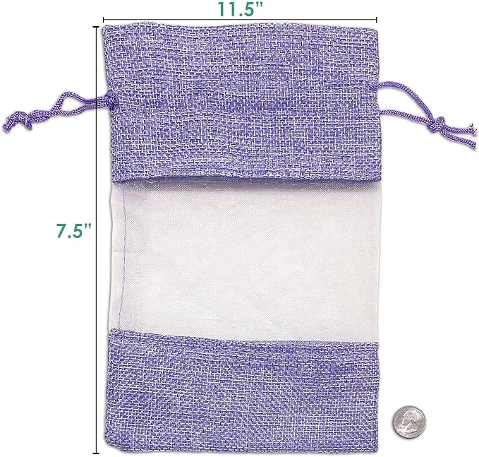 48-Pack X-Large Linen Burlap & Organza Gift Bags w. Drawstrings (7.5x11.5 in, Lavender) - Party Favors, Presents, Samples & Treats Mesh Pouch by The Display Guys