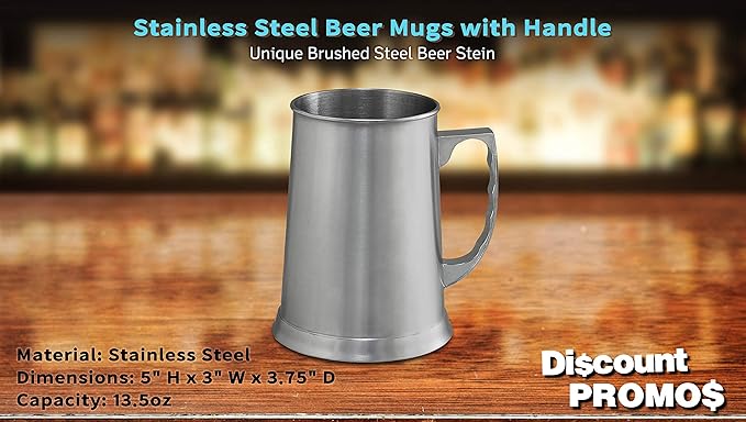 DISCOUNT PROMOS Stainless Steel Beer Stein Mug 13.5 oz. Set of 6, Bulk Pack - Great for Restaurant, Brewery, Pub - Silver