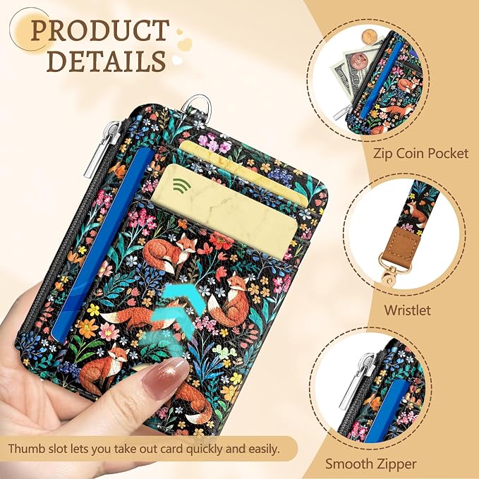 Kelvoris Credit Card Holder Small Wallet Women, Slim RFID, Cute Fox Flower | Keychain, Zipper Coin Pocket, Front Pocket Thin Travel Card Case, Minimalist, 6 Card Slots, 1 ID Window, Ladies Gifts Woman