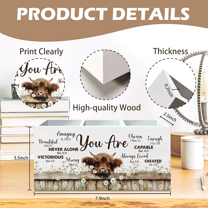 DILSJ Inspirational Highland Cow Pen Pencil Holder Organizer for Desk, Highland Cow Gifts for Women, Be Kind Be Brave Decor Wooden Box Signs for Home Office Desk Decoration Office & School Supplies