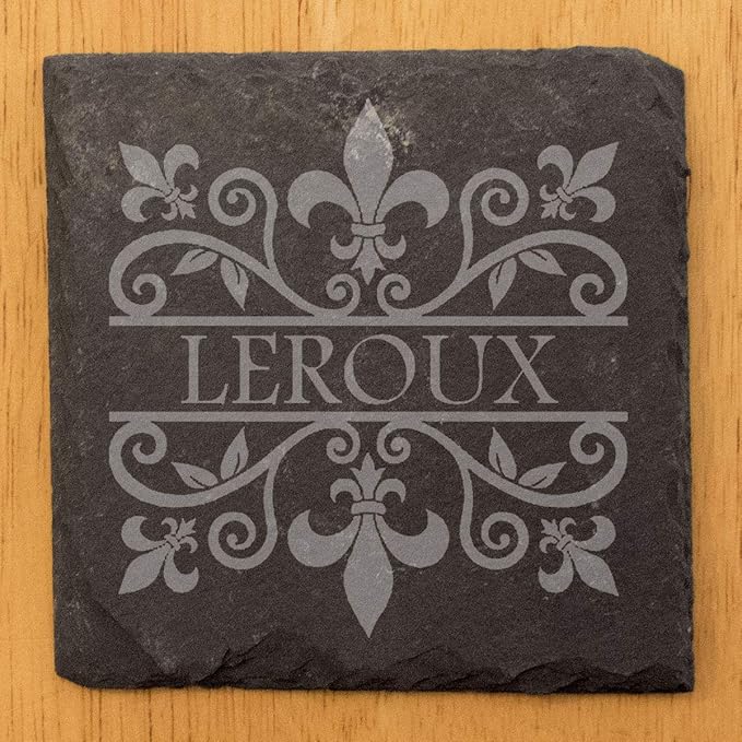 A Touch of Class: Personalized Fleur de Lis Coasters with Monogram - Square Slate - Set of 4