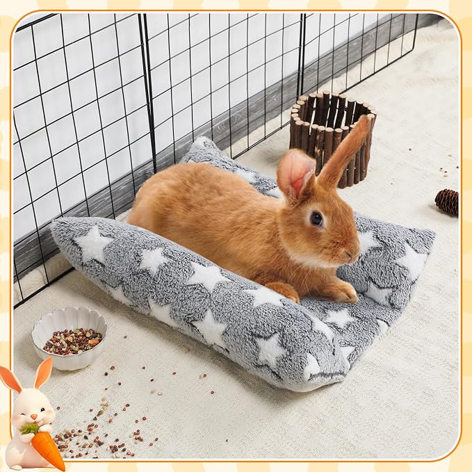 MEWTOGO 15.7" x 14" Bunny Bed for Rabbit Cage, Thickened & Soft | Prevent Sore Hocks Plush Mat with Cotton Lounger Pillows, Small Animal Flop Mat for Hutch Sleeping Indoor, Gray-Star