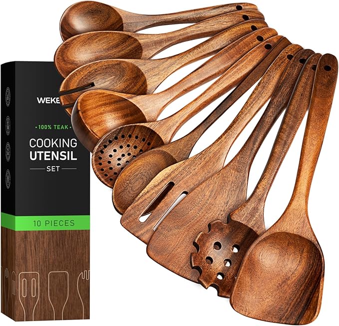 10-Piece Teakwood Utensil Set for Cooking, Natural Wooden Spoons & Spatulas for Non-Stick Cookware, Kitchen Gift Set for Wedding, Housewarming, Christmas