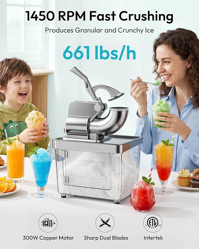 EUHOMY Snow Cone Machine, 661 Lbs/H Commercial Shaved Ice Machine with 34L Large Capacity, 300W Electric Ice Shaver with Dual Blades, ETL Certified Snow Cone Maker for Home & Commercial Use (Silver)