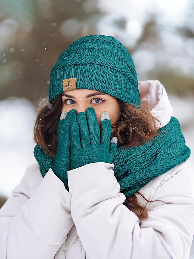 Winter Beanie Hat Scarf Gloves, Warm Fleece Knit Hats Touch Screen Gloves Neck Scarf Set Winter Gifts for Unisex Adult