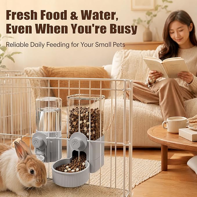 Automatic Rabbit Feeder and Water Dispenser Set,40oz Gravity Food Feeder&17oz Leak-Proof Water Bottle for Guinea Pigs,Hamsters,Chinchillas,Ferrets, Small Animals,Cage Mount Feeding Station Grey
