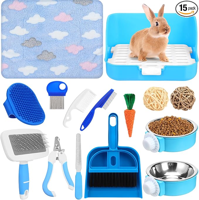 Reallnaive 15 Pcs Rabbit Starter Kit Small Rabbit Litter Box Girls Gift Animal Grooming Kit Bunny Toys Bowl Blankets with Cleaning Set for Guinea Pig Accessories(Light Blue)