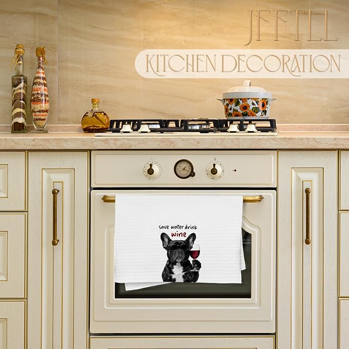 Funny French Bulldog Kitchen Towels, Frenchie Gifts for Women Men Dish Tea Towels, Save Water Drink Wine Lover Gifts Decorative Bar Towel for Bartender Kitchen, 16x24 Inch