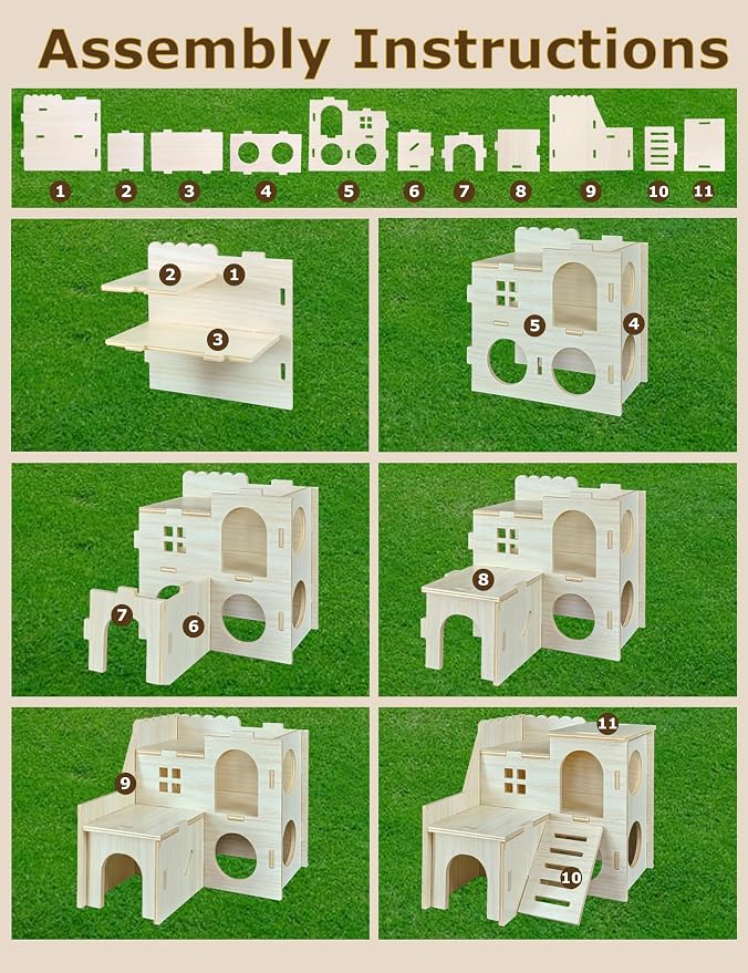 Hamster Hideout Cage Accessories - Hamster House and Habitat Wooden Hide Hut with Climbing Ladder for Dwarf Gerbils and Mouse Mice Rat Other Small Animals etc.
