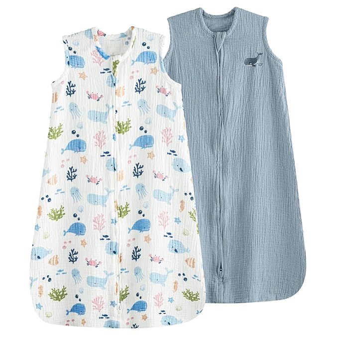 PHF 100% Muslin Cotton Baby Sleep Sack, 0-6 Months Baby Wearable Blanket with 2-Way Zipper, 2 Pack Soft Breathable Cooling 0.5 TOG Small Size Sleeveless Sleeping Bag for Boys/Girls, Mermaid