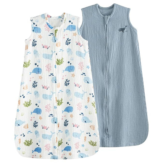 PHF 100% Muslin Cotton Baby Sleep Sack, 0-6 Months Baby Wearable Blanket with 2-Way Zipper, 2 Pack Soft Breathable Cooling 0.5 TOG Small Size Sleeveless Sleeping Bag for Boys/Girls, Mermaid
