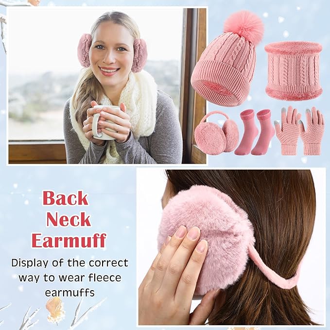 SATINIOR 5 Pcs Winter Hat Scarf Gloves Set Fleece Lined Knit Beanie Hat Warm Touch Screen Gloves Earmuff Warmer for Women(Pink,Beauty Style)