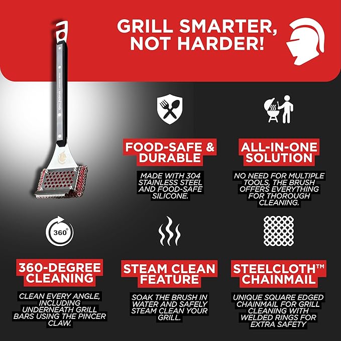 Grill Brush, Steel Bristle-Free BBQ Grill Cleaner with SteelCloth™ Stainless Steel Chainmail, Ergonomic Handle for Cast Iron, Stainless Steel & Porcelain-Coated Grates, 1 Pack