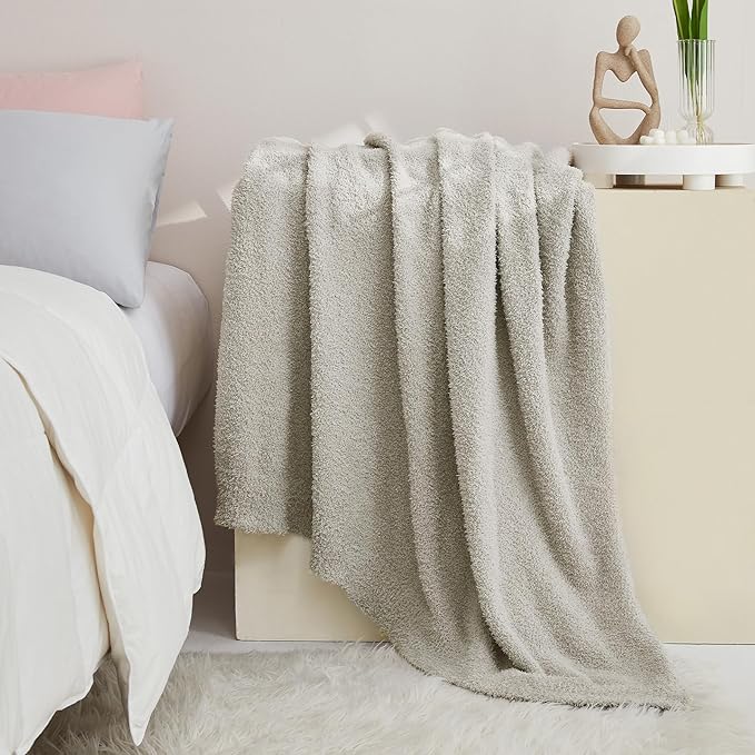 CYMULA Knit Throw Blanket for Couch Light Grey - Super Soft Lightweight Plush Fuzzy Fluffy Warm Cozy Blankets and Throws for Sofa Bed, 50 x 60 inches