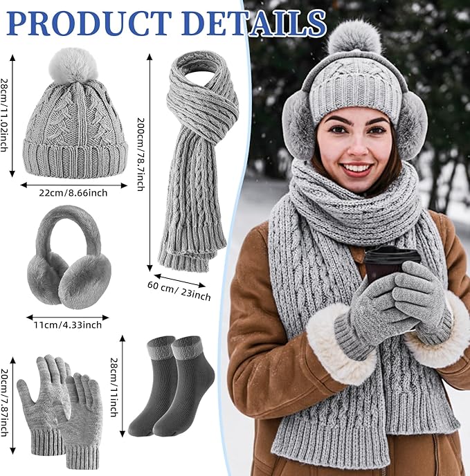 Geyoga 6 Pcs Winter Warm Set for Women Warm Beanies Hats Touchscreen Gloves Long Scarf Ear Muffs Socks Winter Gifts for Women