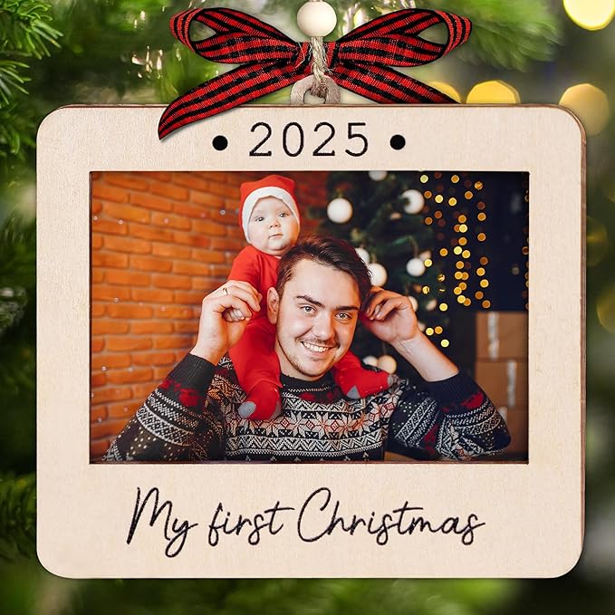 Babys First Christmas Ornament 2025 Girl And Boy - Wooden Landscape Picture Frame Ornaments For Tree - My First Christmas Ornament - New Dad Gift - Baby's First Christmas Gifts 2025