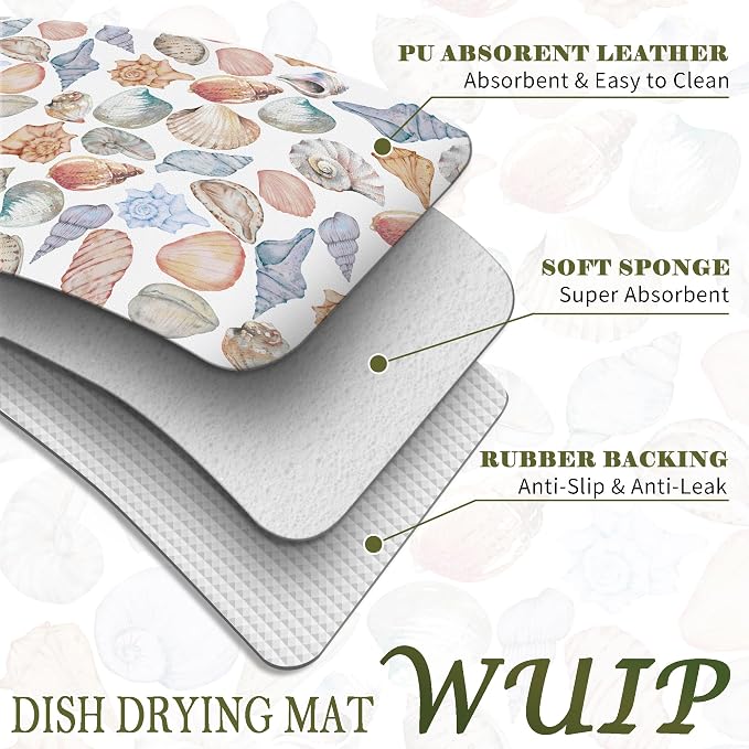 Colorful Seashell Dish Drying Mats for Kitchen Counter, Coastal Beach Conch Shell Absorbent Reversible Coffee Bar Mat Drying Pad for Kitchen Decor, 12x15 Inch