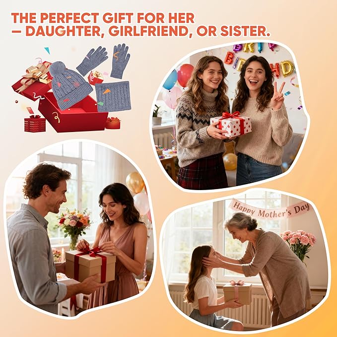 ihuan Winter Hat Scarf Gloves Warmer Christmas Gifts, Warm Knit Beanie Hat Touch Screen Gloves Set Neck Scarves for Women