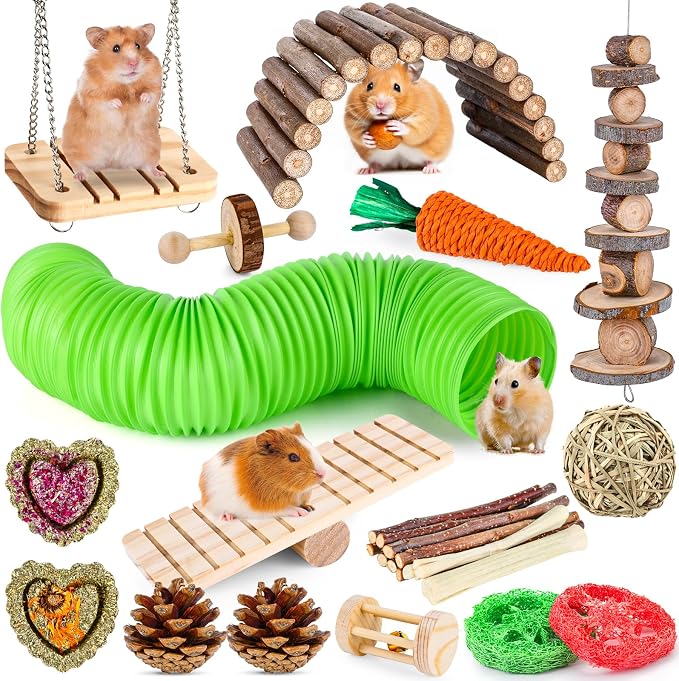 Hamster Toys Set, Guinea Pig Toys Bunny Small Animal Chewing Toy for Cage | Chinchillas, Gerbils, Rats, Rabbit Rodents Teeth Care Toys, Apple Wood Timothy Hay Mouse Toy Swing Seesaw Bridge