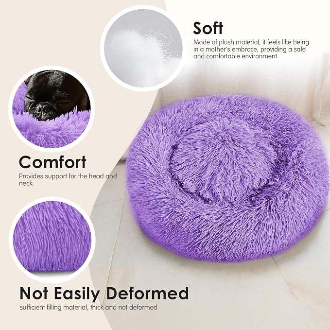 28in Large Dog Bed, Medium Size Dog and Cats, Calming Donut Bed for Puppy and Kitten, Washable Round Fluffy Pet Bed (Purple)