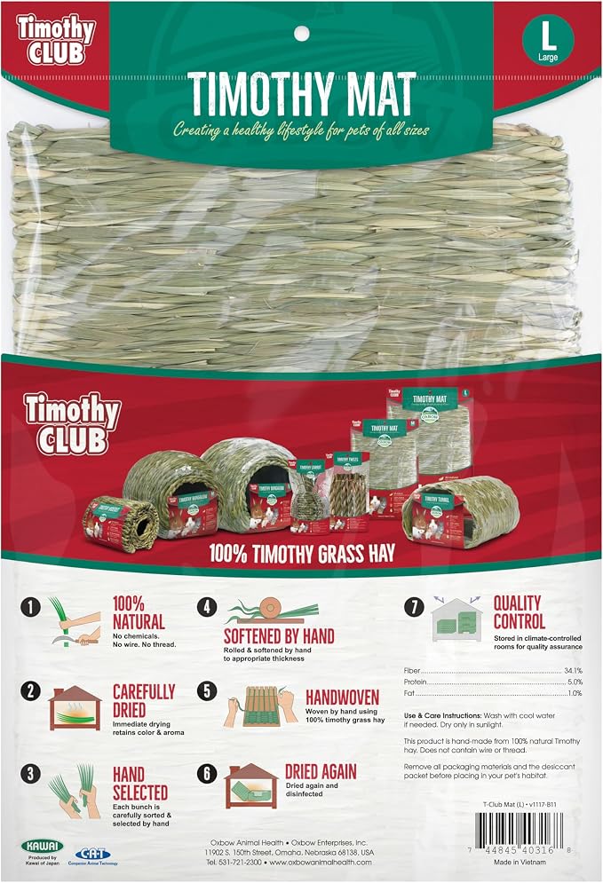 Oxbow Timothy Hay Mat, Edible Rabbit & Guinea Pig Chew Mat, Large | Hand-Woven, Timothy Hay Chew Mat, For Rabbits, Guinea Pigs, Chinchillas And Rats, Edible Cage Enrichment, Supports Chewing