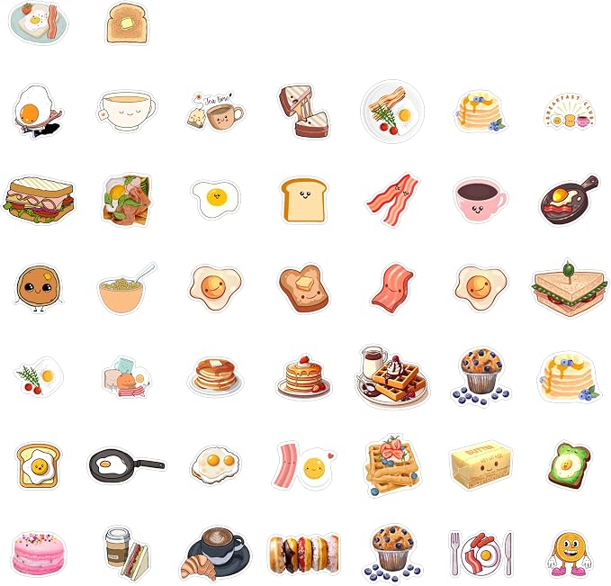 100Pcs Cute Breakfast Food Stickers for Scrapbooking, Water Bottle & Laptop - Breakfast Party Supplies & Decorations, Kawaii Food Stickers, Waterproof Vinyl Decals, Gifts for Women & Men