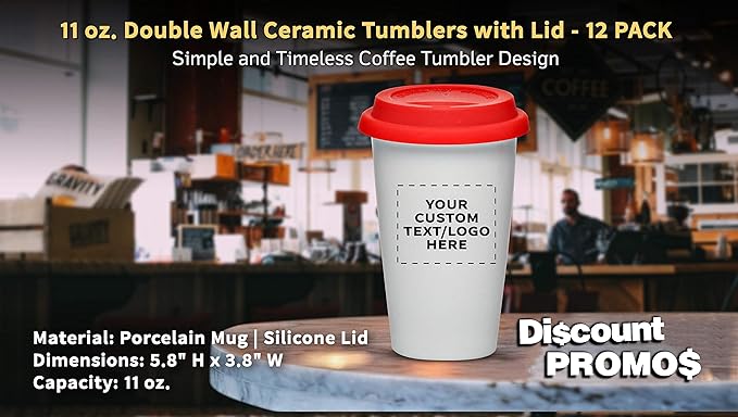 Personalized 11 oz. Double Wall Ceramic Tumblers with Lid - 12 Pack - Custom Text, Logo - Red