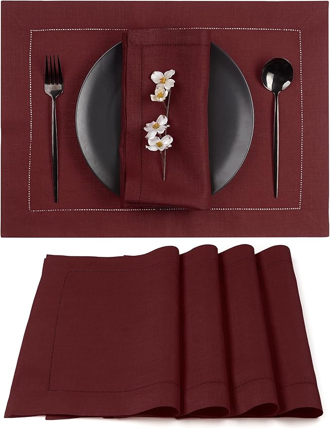 D'Moksha Homes Linen Placemats Set of 4 - Classic Hemstitch Dark Red Placemats 14 x 19 Inch - 100% Pure Linen Table Mats for Fall, Thanksgiving, Christmas, Holiday - Handcrafted and Machine Washable