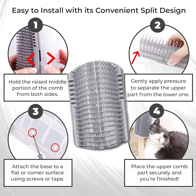SunGrow Self-Grooming Brush for Cats, Light Gray Self Massager, Mountable to Corners and Flat Surfaces, Includes Brush, Catnip, Screws and Adhesive Tape, 1-pc