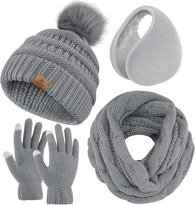 URATOT 4-In-1 Winter Warm Sets Knitted Scarf Touch Screen Gloves Beanie Pompom Hat and Winter Ear Warmer for Men or Women
