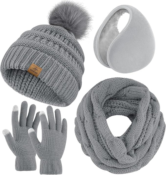 URATOT 4-In-1 Winter Warm Sets Knitted Scarf Touch Screen Gloves Beanie Pompom Hat and Winter Ear Warmer for Men or Women