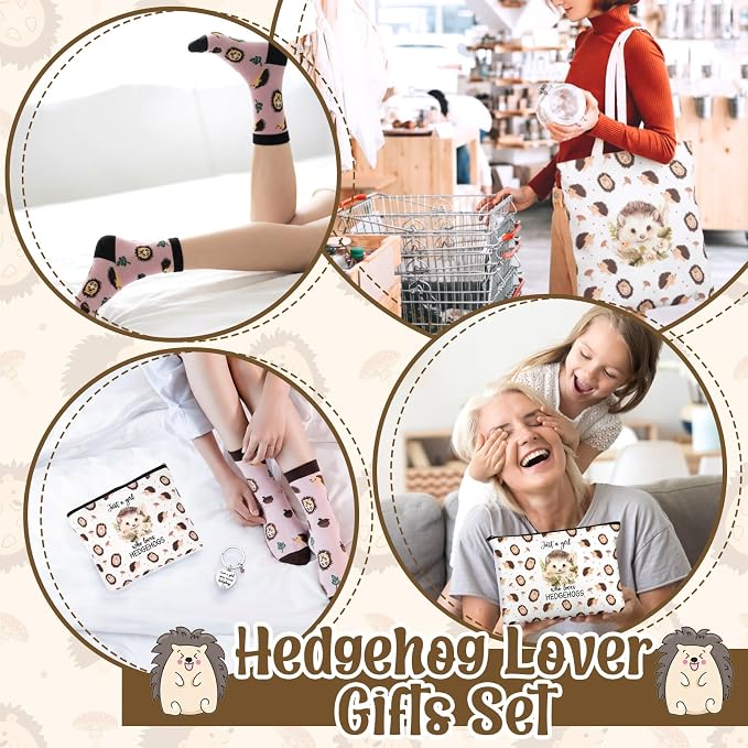 Talltalk 6 Pcs Hedgehog Gifts for Women Hedgehog Lover Gift Set, Socks Canvas Bag Makeup Bag Spiral Notebook Ballpoint Pen and Stainless Steel Keychain for Christmas Birthday Graduation Thanksgiving