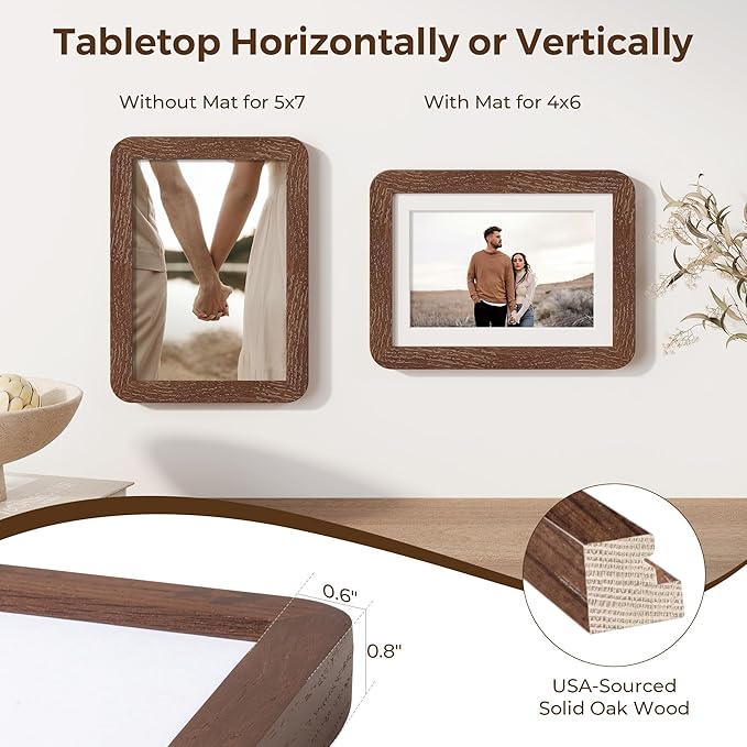 5x7 Picture Frame, 5 by 7 Photo Frame for Wall & Tabletop Display, Solid Oak Wood Frames with Plexiglass, 5x7 Frame Matted to 4x6, Light Wood 5 x 7 Picture Frame for Home Decor, Walnut Color, 1 Pack