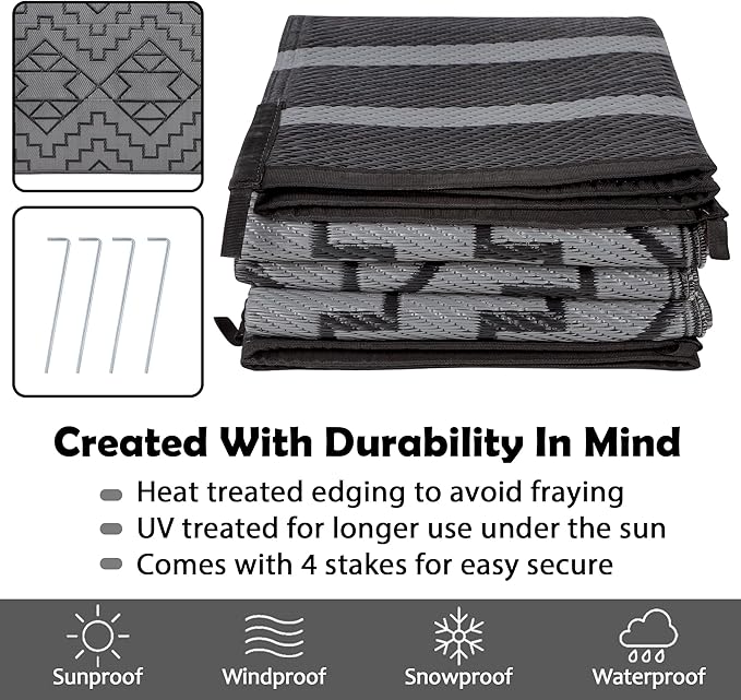 SAND MINE Reversible Mats, Plastic Straw Rug, Modern Area Rug, Large Floor Mat and Rug for Outdoors, RV, Patio, Backyard, Deck, Picnic, Beach, Trailer, Camping (6' x 9', Black & Grey)
