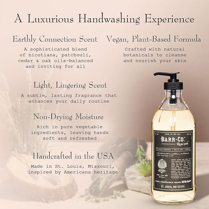 BARR-CO. Reserve Hand Soap, Natural Hand Soap for Kitchen & Bathroom, Vegan Formula, Earthy Tobacco & Cedar Scent 16 fl oz