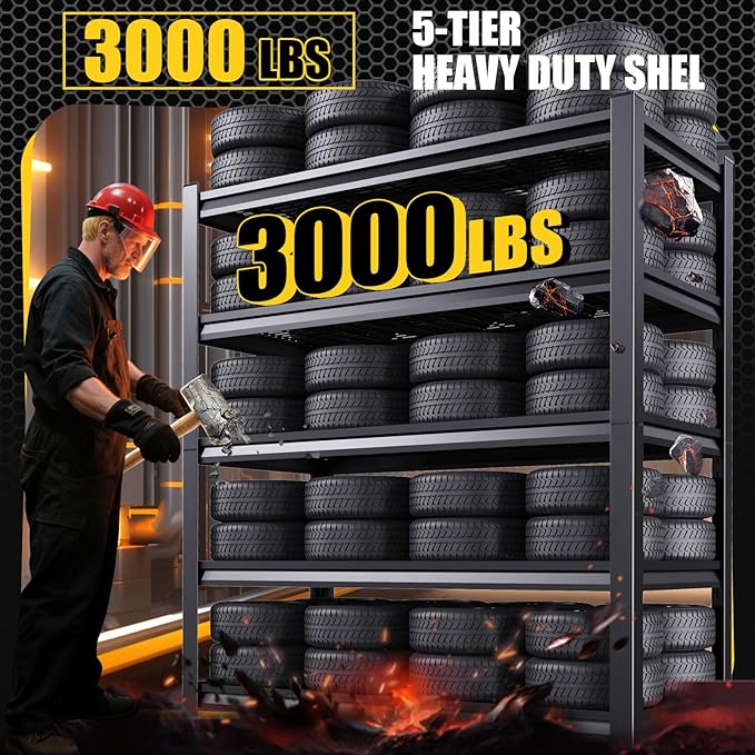 5-Tier Garage Shelving Heavy Duty, 3000LBS Garage Shelves, Adjustable Metal Shelving Unit, Garage Storage Shelves, Utility Storage Rack Shelf, Shelves for Garage Storage, 72" H×46.1" W×20" D