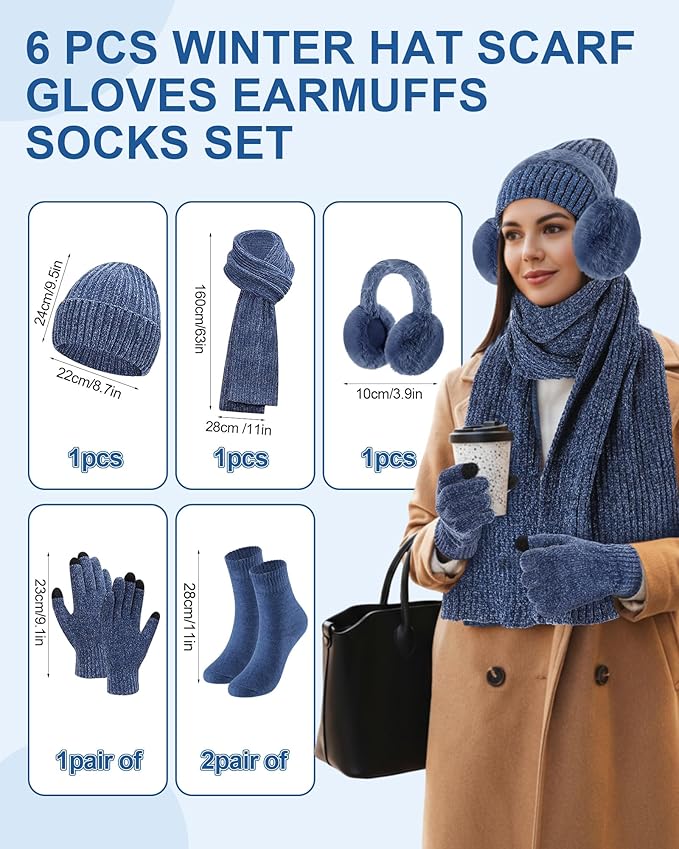 Geyoga 6 Pcs Winter Knit Set Beanie Hat Long Scarf Touchscreen Gloves Ear Muff Socks Warm Valentine Gift for Women Men Snow(Blue,Classic Style)