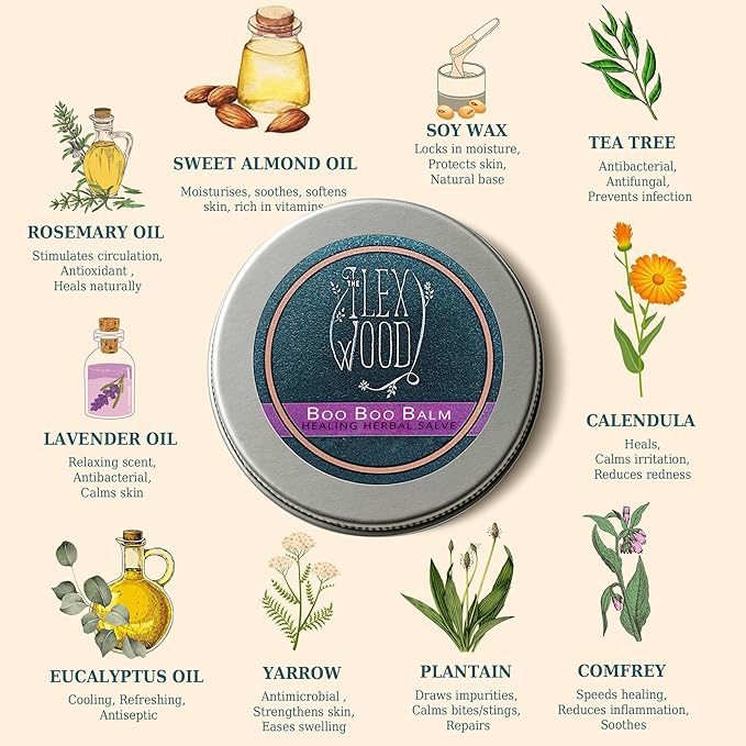 The Ilex Wood - Vegan Herbal Healing Salve Boo Boo Balm - For skin irritation, scrapes, bites and stings, palm oil free, cruelty free, plastic free, handcrafted - 3.38 fl oz (100ml)
