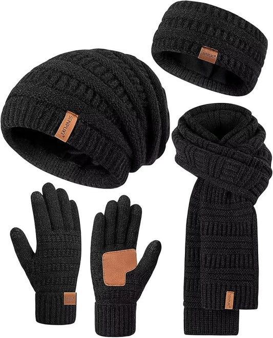 Womens Winter Beanie Hat Scarf Gloves Headband Set, Slouchy Beanie Ear Warmer Knit Scarf Touchscreen Gloves Warm 4 Gift Set
