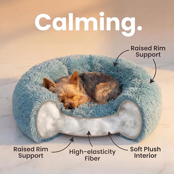 Calming Donut Small Dog Bed for Chihuahua Yorkie Maltese Shih Tzu | 19 Inch Washable Puppy Bed,Ultra Soft Faux Fur Round Dog Bed,Blue