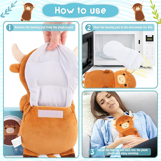 Microwave Heating Pad for Cramps & Period Pain Relief, Highland Cow Microwavable Heating Pad for Women and Kids, Cow Plush Heat Pack for Neck Shoulder Knee, Warmer Pad for Birthday Mother's Day