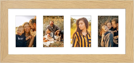 8x20 Picture Frame Display 4 opening 4X6 Picture Frame Collage,Multi Photo Frame with Mat,Plexiglass,Wall or Tabletop Decor,Natural Wood Grain