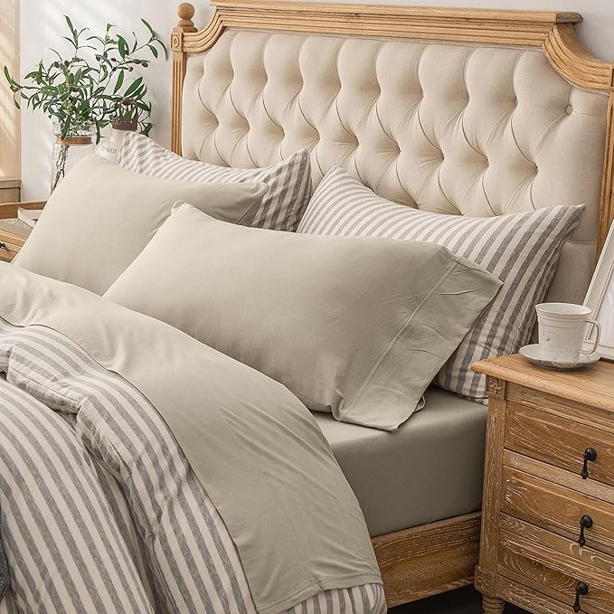 PURE ERA Jersey Knit 4pc Bed Sheet Set 100% T-Shirt Heather Cotton Super Soft Comfy Breathable Fits Mattress Up to 20" Extra Deep Pocket (Dark Beige,Cal King)