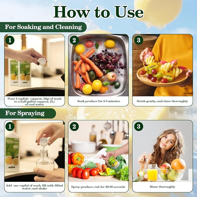 Fruit & Vegetable Wash,13 Gallons Lemon Produce Wash and Clean,Fruit Cleaner Comes With an Improved Nozzle Bottle,Multi Purpose Cleaner Removes Wax, Dirt and Surfaceues