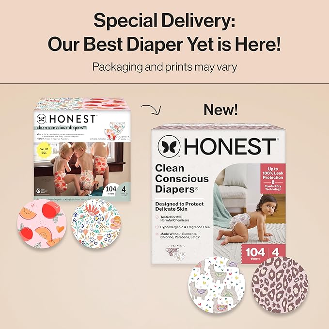 The Honest Company Clean Conscious Diapers for Delicate Skin Up to 100% Leakproof Hypoallergenic Fragrance-Free Baby Girl Prints Super Club Box Size 4 (22–37 lbs) 104 Count