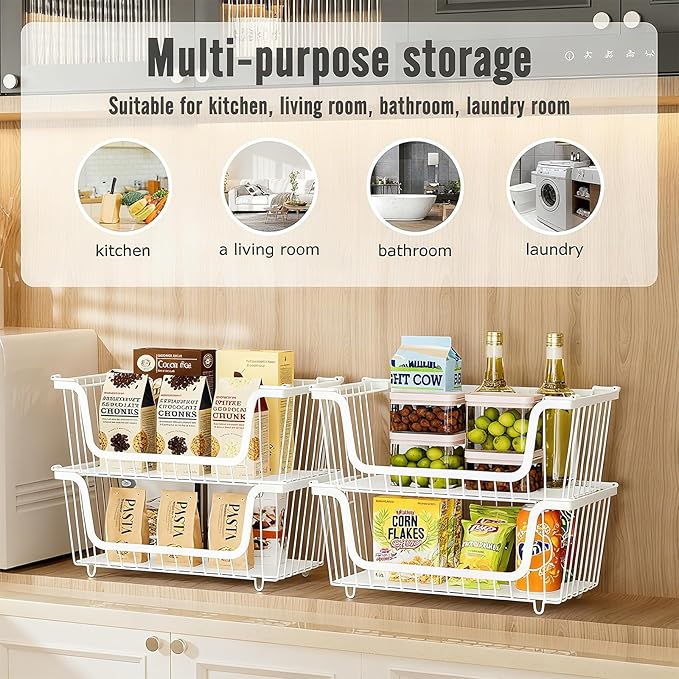 6 Pcs Stackable Wire Baskets for Pantry Organizers and Storage,Vegetable Fruit Basket for Countertop,Kitchen Storage Metal Baskets,Produce Potato Onion Storage Bin,White